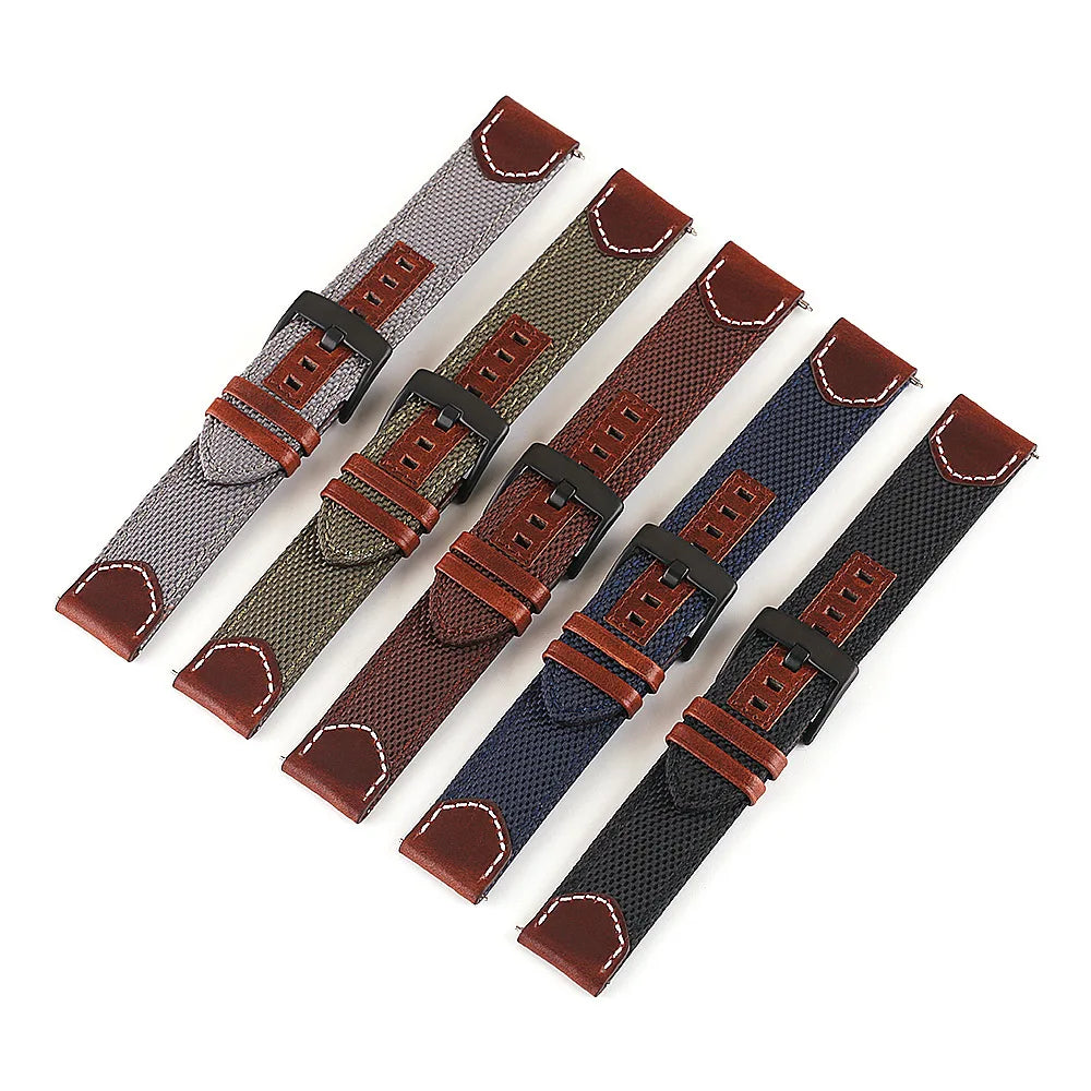 Vintage Brown Grey Cordura Leather Watch Strap Wholesale Casual Sailcloth Watch Bands 20 22 24mm for Smart Watch Huawei Samsung