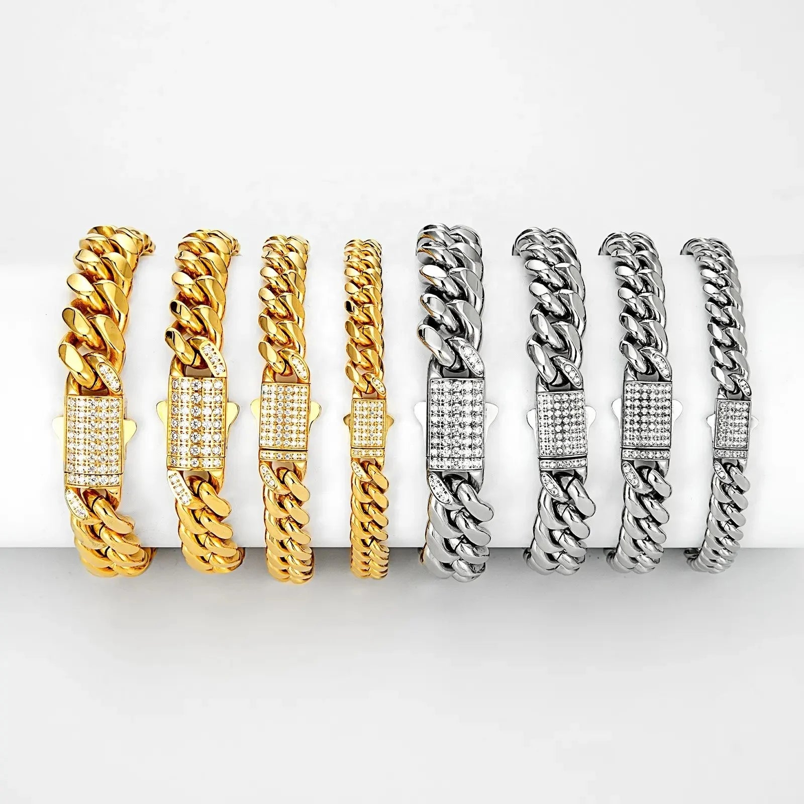 Wholesale Fashion Jewelry 18K Gold Stainless Steel Drill Zircon Bracelet 6/8/10/12/14MM Thick Cuban Chain Link Bracelet for Men