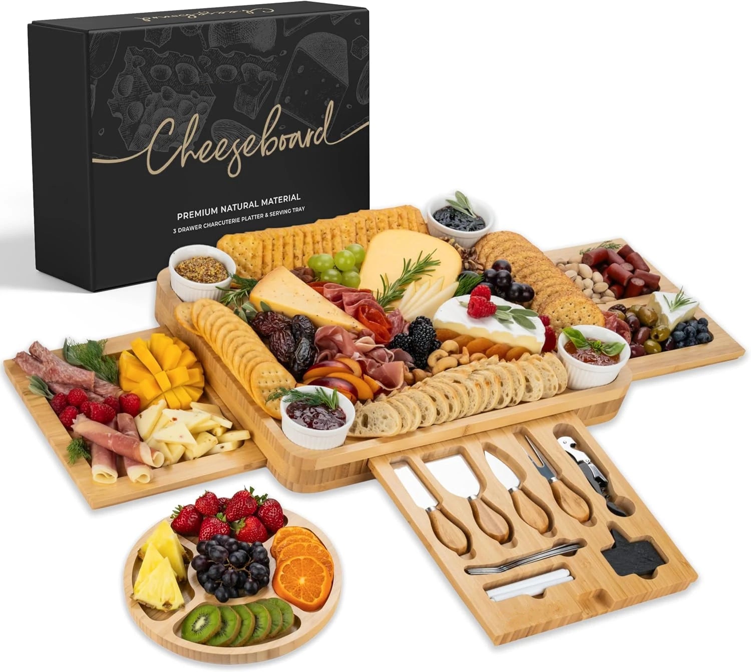 Premium Bamboo Charcuterie Board Set with Lid for House Warming Gifts Large Bamboo Cheese Board with Cheese Tools