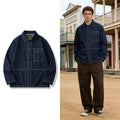 Spring Fall Jacket Men's Dark Wash Denim Chore Jacket Casual Workwear Denim Shirt Jacket with Contrast Stitching on Sale