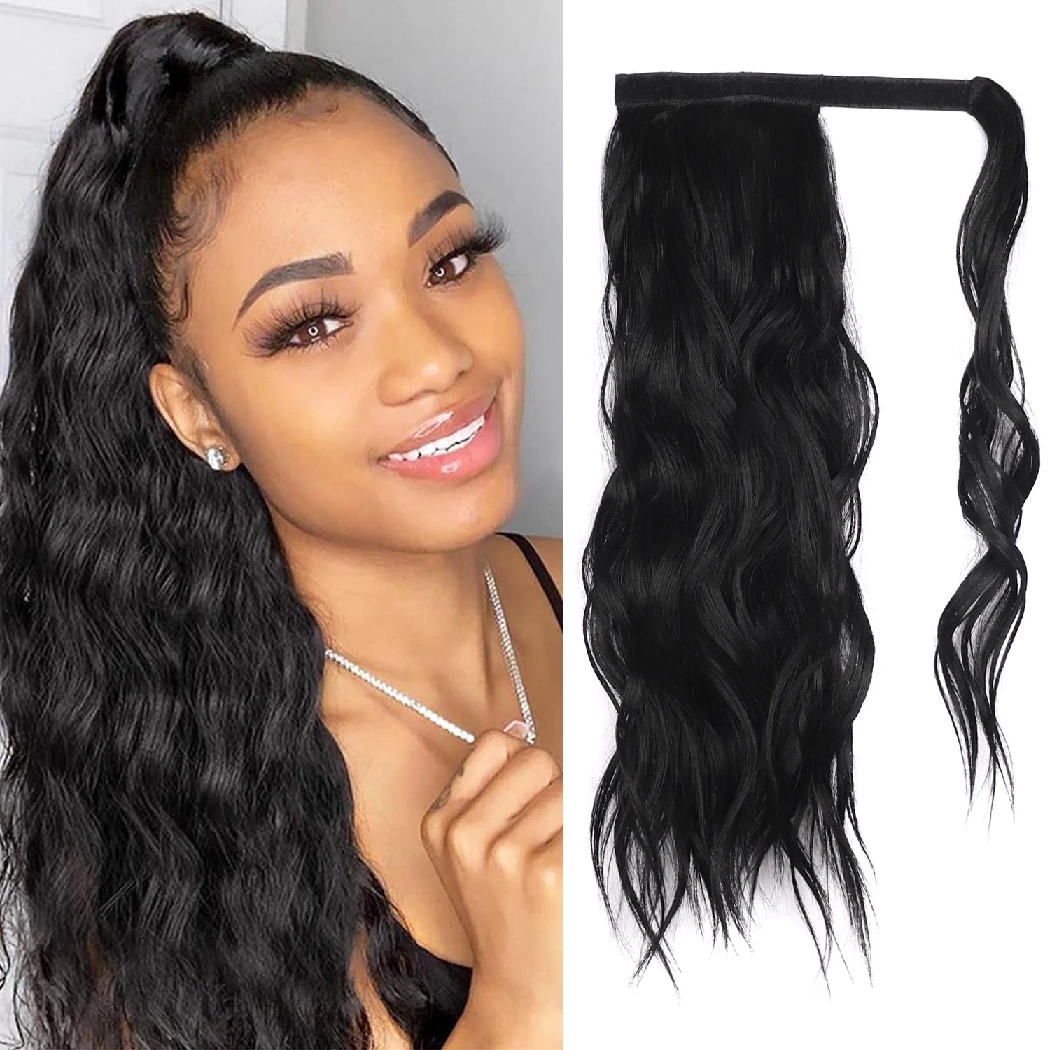 Body Wave Long Wavy Wrap Around Clip in Ponytail Hair Extension Natural Color Heat Resistant Pony Tail