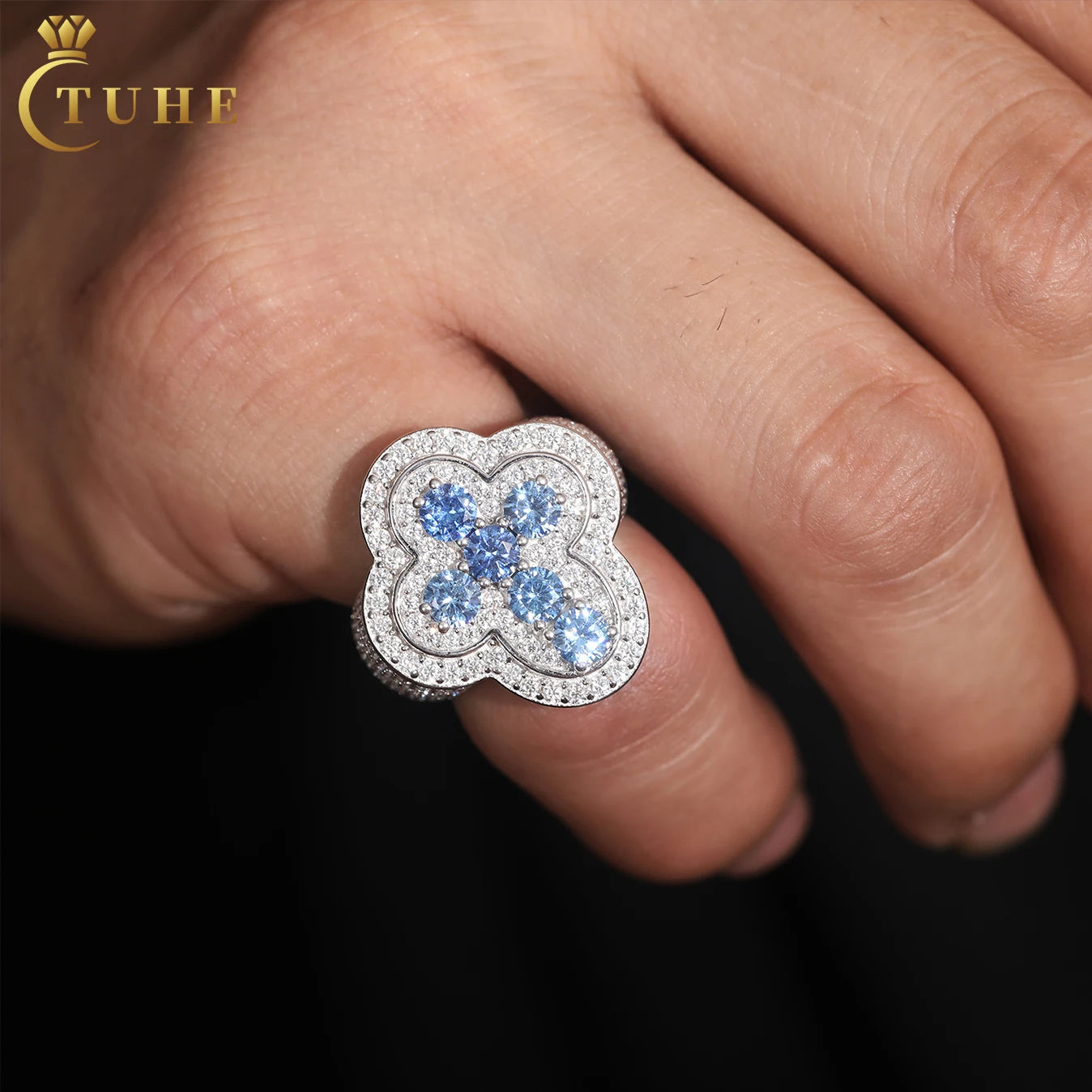 Original Design Rappers Party Jewelry White Gold 925 Sterling Silver VVS Moissanite Blue CZ Diamond Iced Out Cross Ring