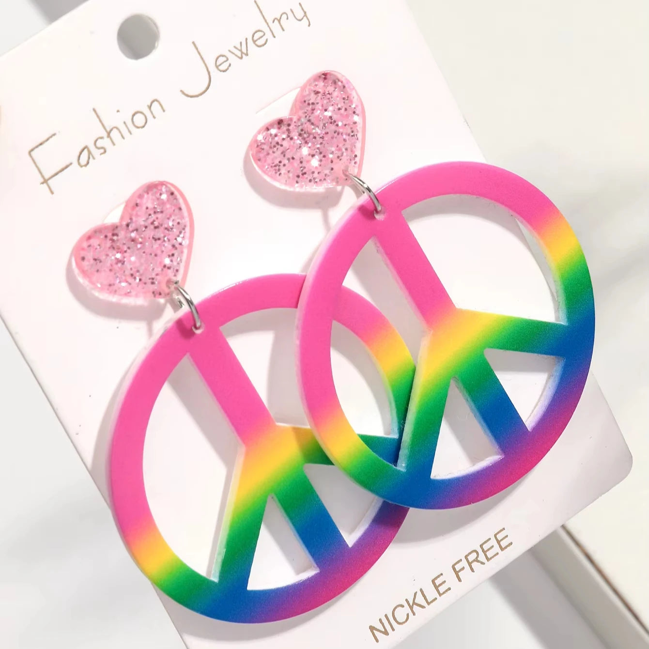 Factory Wholesale Fashion Personality Acrylic Creative rainbow Peace logo Anti-war Pendant Pink Heart Geometric Earrings