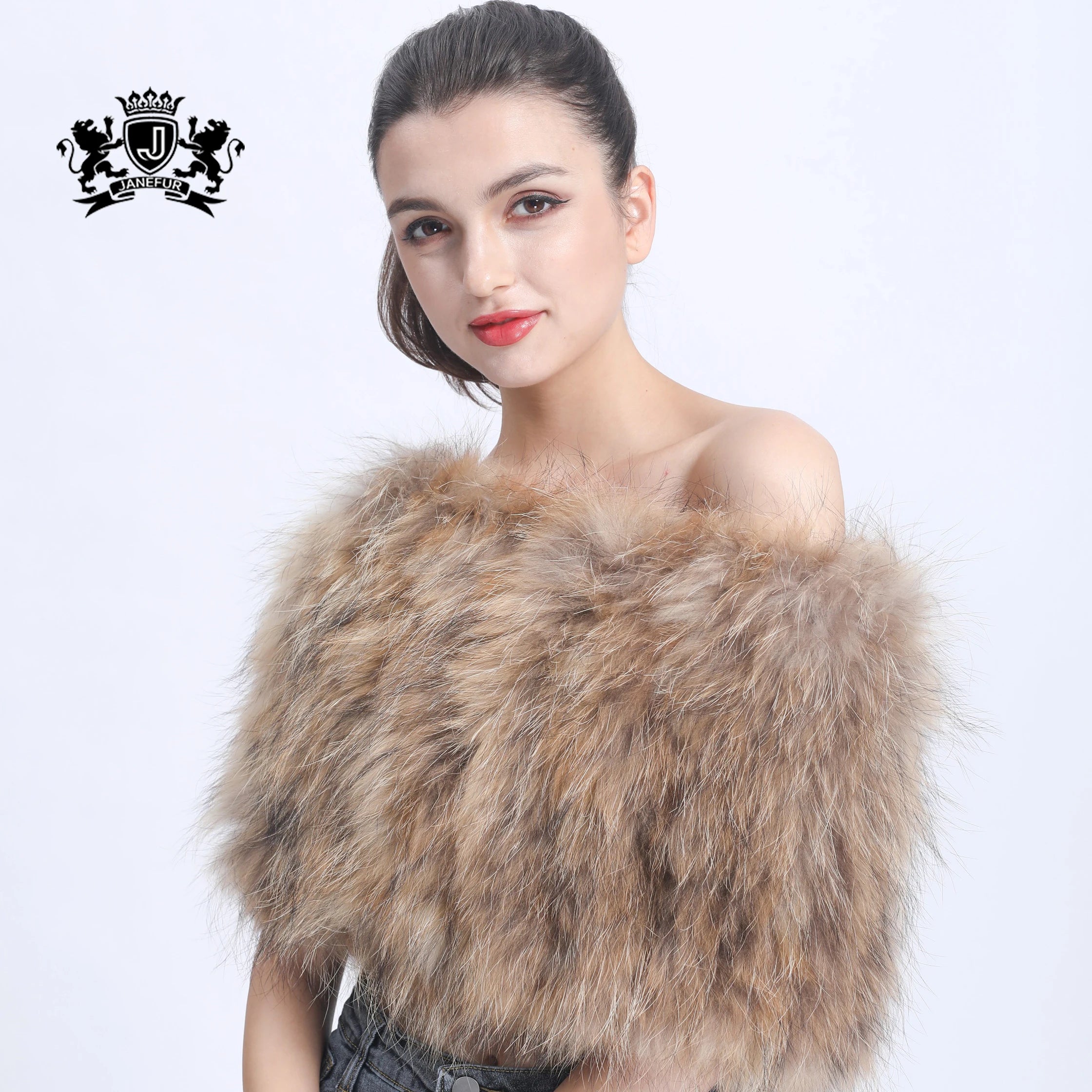 Women Fashion Beautiful Design Genuine Raccoon Fur Warm Knitted Luxury Fluffy Raccoon Fur Shawl