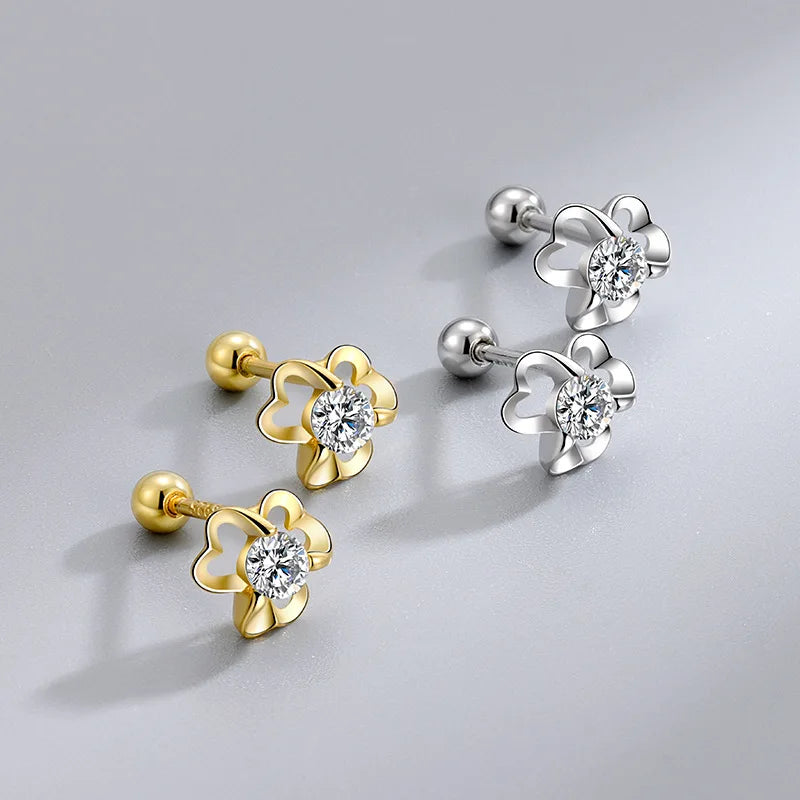 Beautiful Hollow Clover Stud for Girls 925 Sterling Silver Gold Plating Round Zircon Cartilage Earrings Wholesale