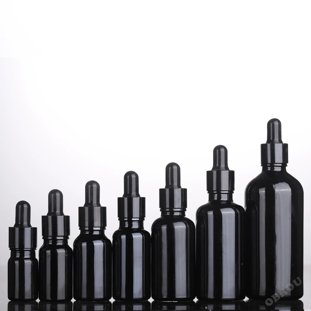 Obrou Black Glass Dropper Bottles for Serum 5ml-100ml with Screw-On Closure & Custom Logo