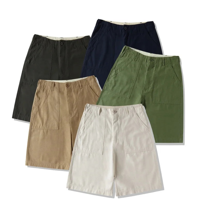 Men's Vintage Fatigue Shorts 100% Cotton Ripstop Loose Fit Workwear Shorts with Patch Pockets Elastic Waist for Casual Summer