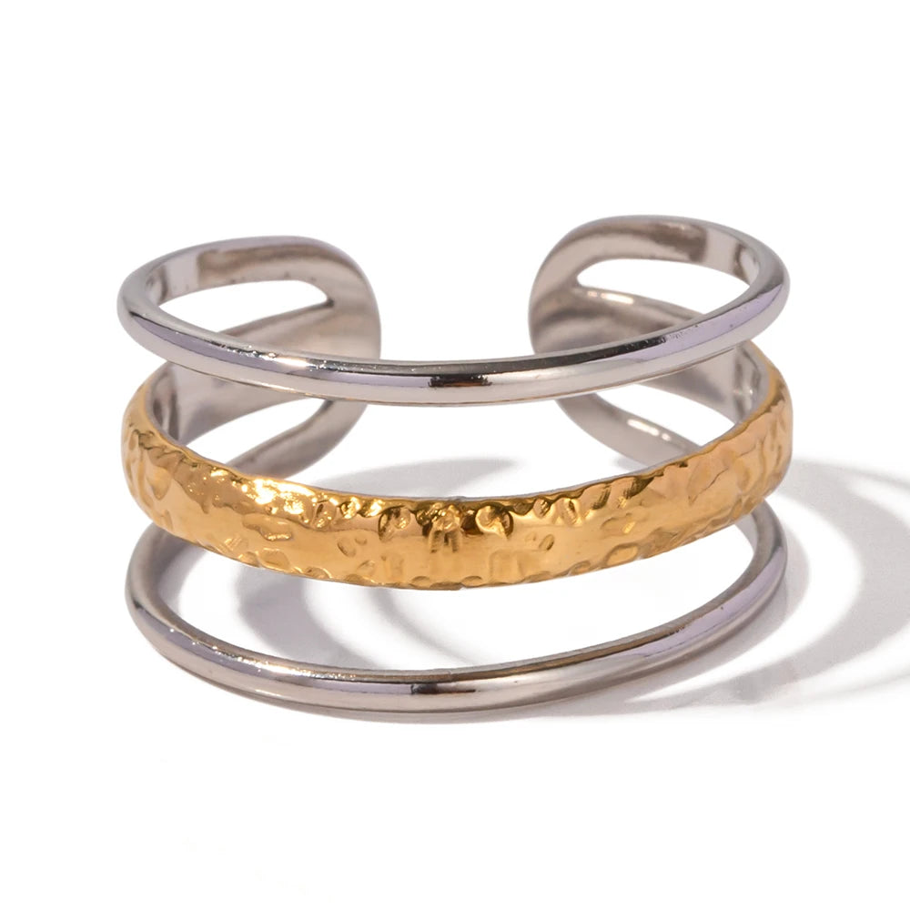 Waterproof 18k Gold Plated Stainless Steel Jewelry Hollow Three Layer Opening Texture Rings for Women