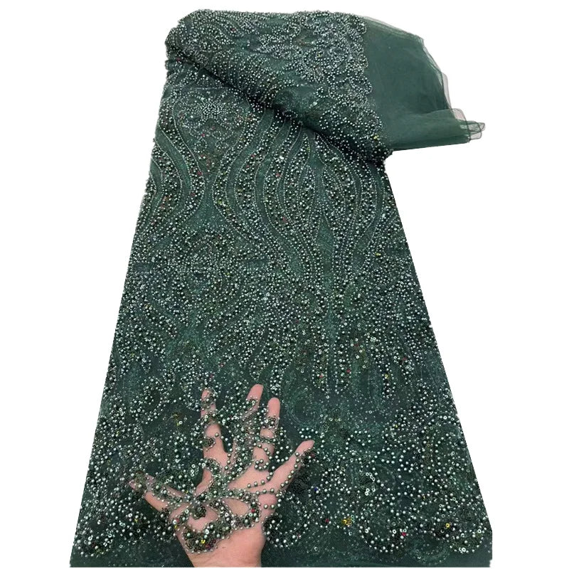 Chenlee 2023 Green Net Lace Embroidery with Pearls Crocheted French Lace Material for Eco-Friendly Wedding Decorations