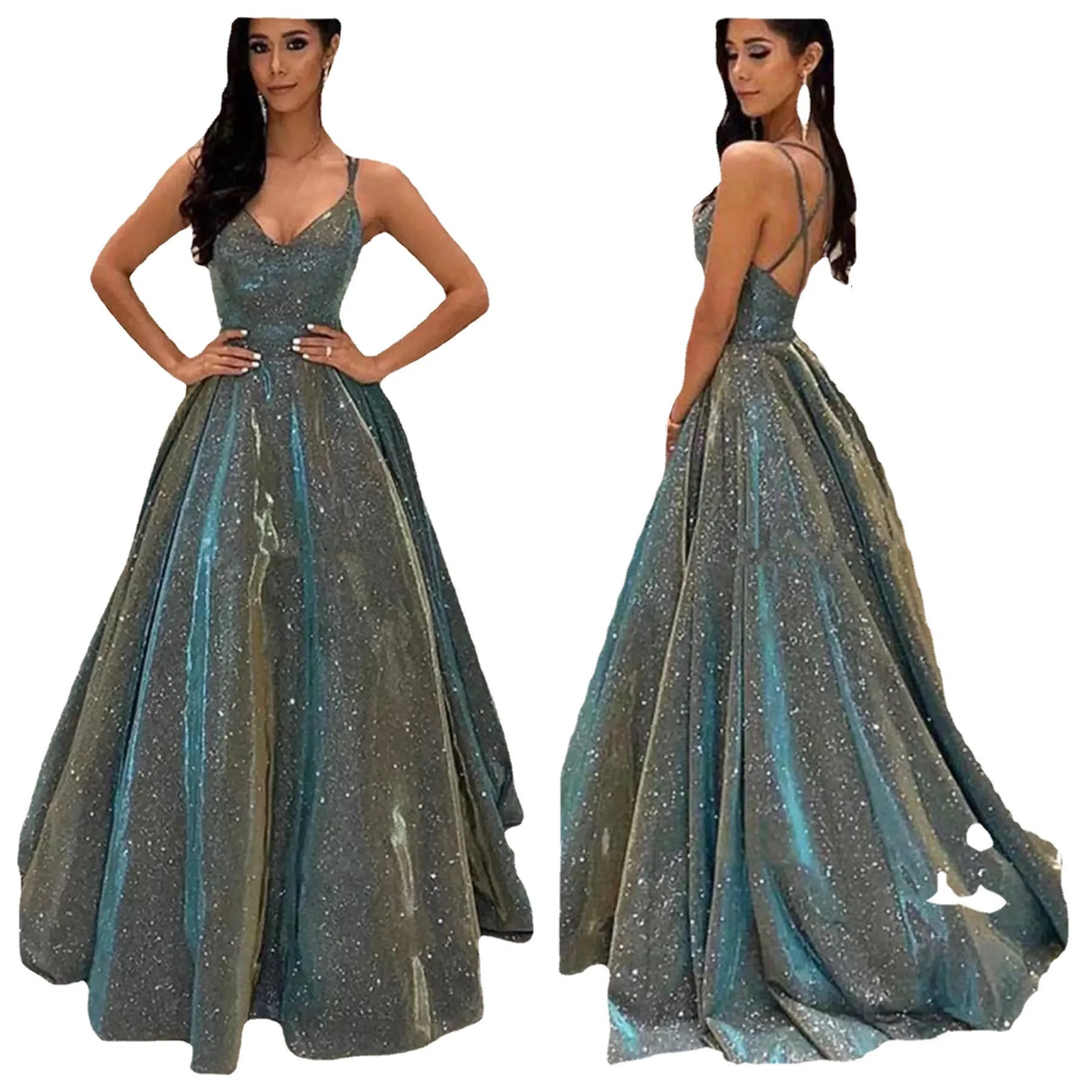2023 European and American Women's New Bra Shining Long Swing A-line Slim Evening Dress