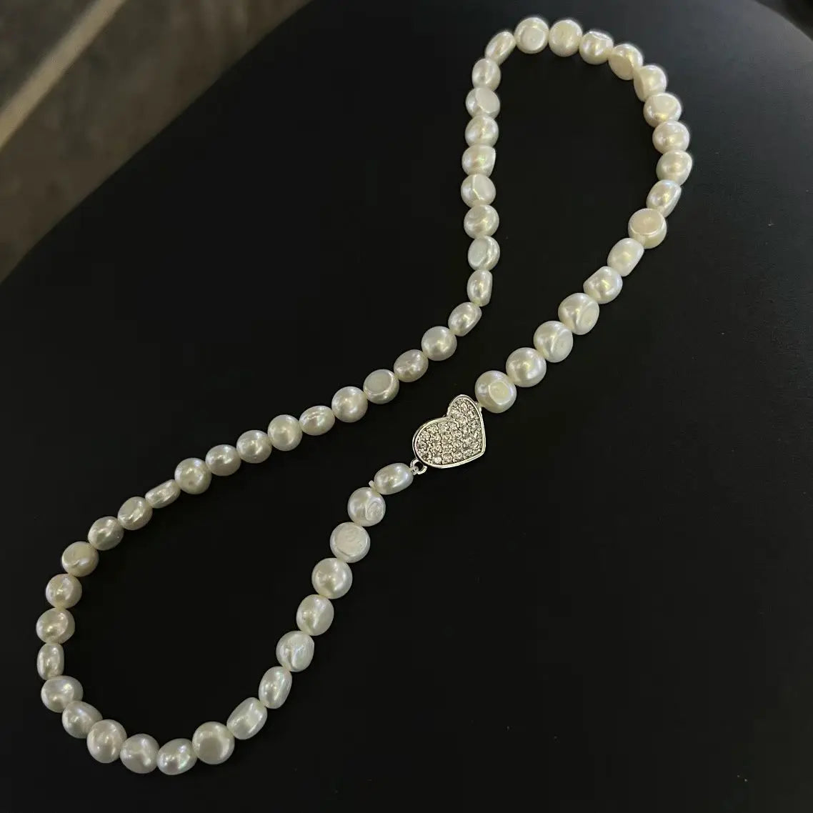 40CM Heart-Shaped Buckle Collarbone Necklace Beads 7-8MM Natural White Freshwater Baroque Pearl Luxury Platinum Plated Women's