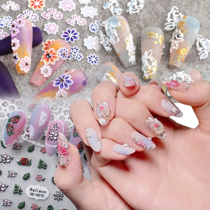 5D Embossed Rose Flower Lace Nail Stickers Summer Wedding Sliders Self-Adhesive PET Decal for Nails
