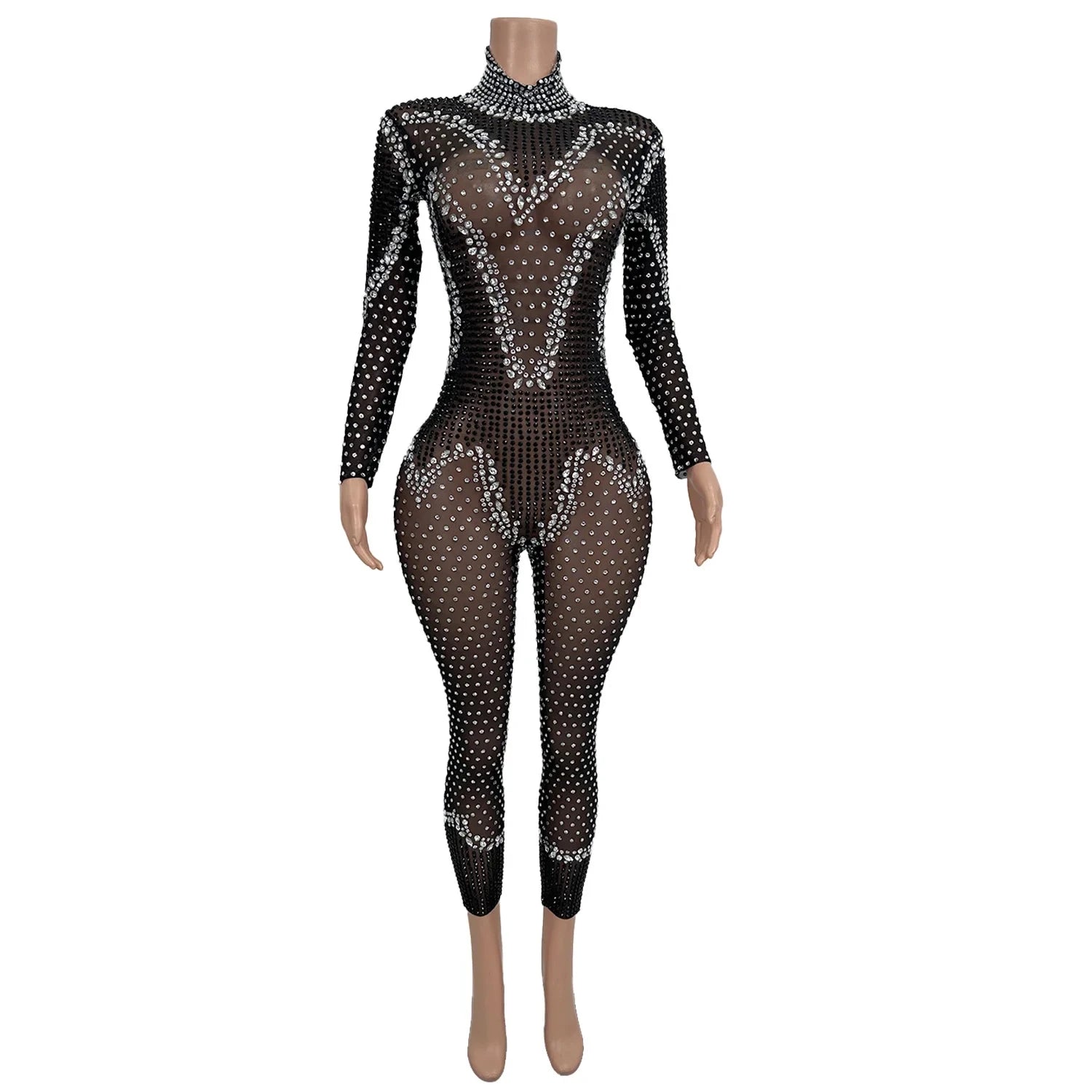 Sexy Long Sleeves Birthday Party Rhinestone Jumpsuit Plus Size One Piece Bodysuit Dancer Costumes Women Club Bodycon Rompers