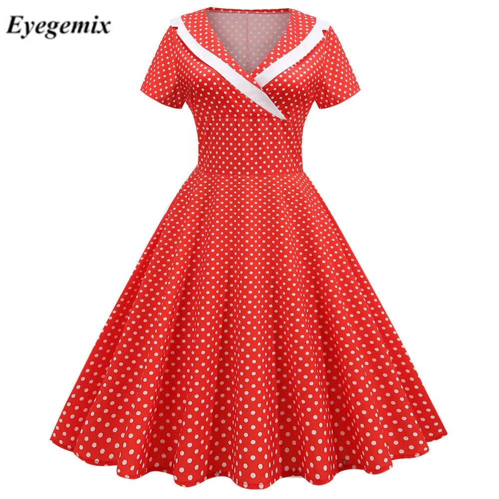 Red Peter Pan Collar Elegant Vintage Midi Party Dress Casual Vestidos Plus Size Robe