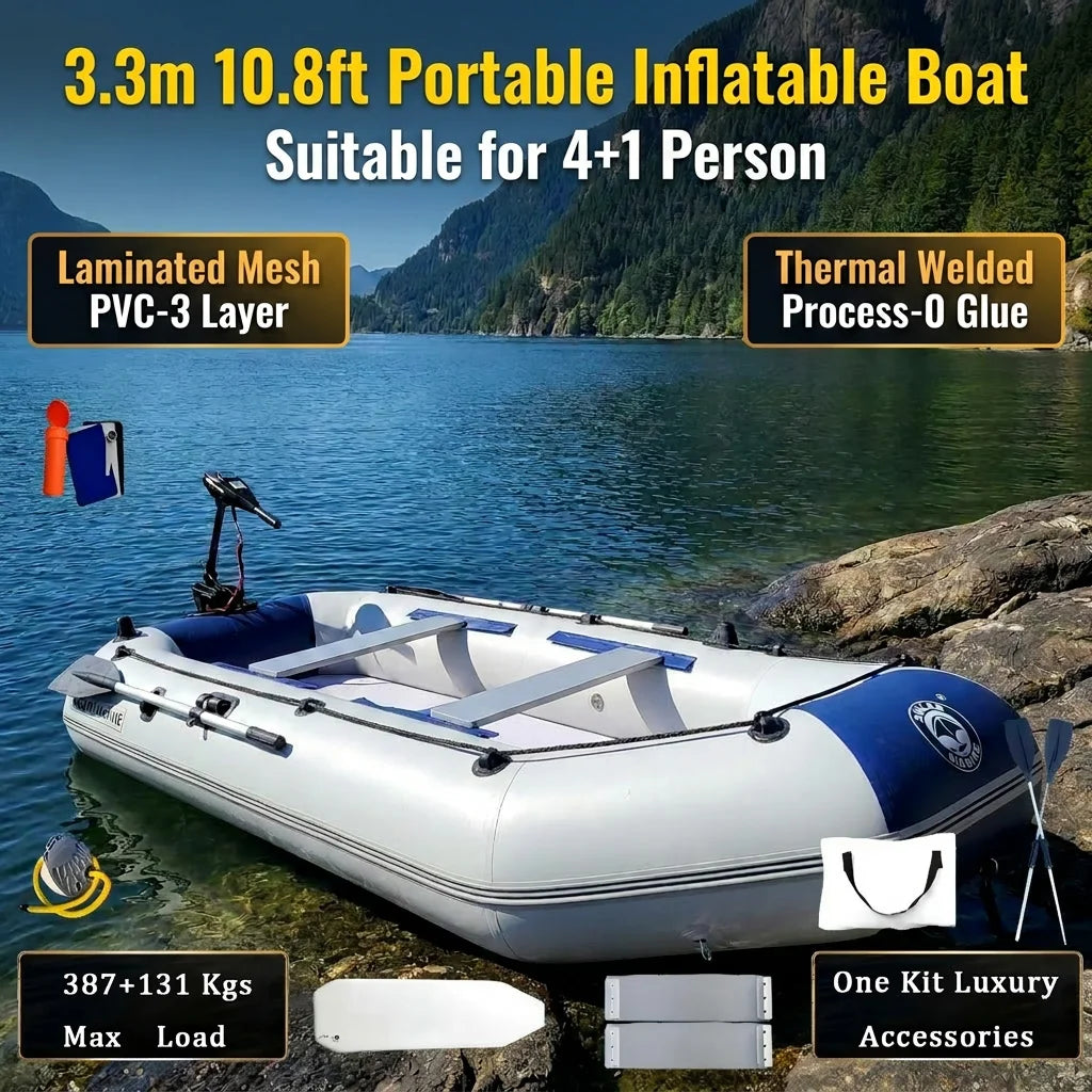 Solarmarine 3.3 M 3 Layer PVC Inflatable Pontoon Dinghy 5 Persons Fishing Rubber Boats Portable Rafts for Sea Water Sports