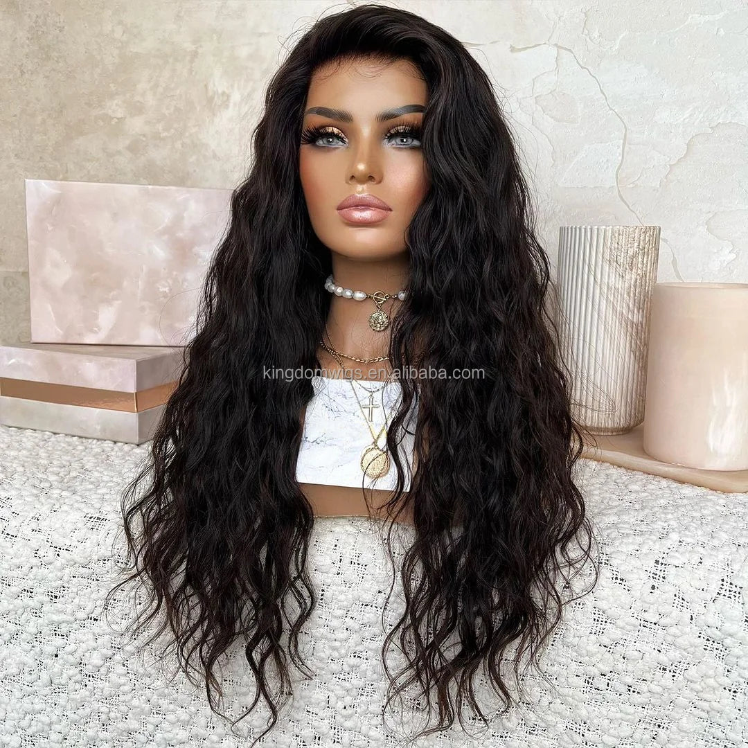 Large Instock Water Wave Natural Black Color 100% Remy Brazilian Human Hair HD Lace Front Wigs Pre Plucked for Women Hairloss