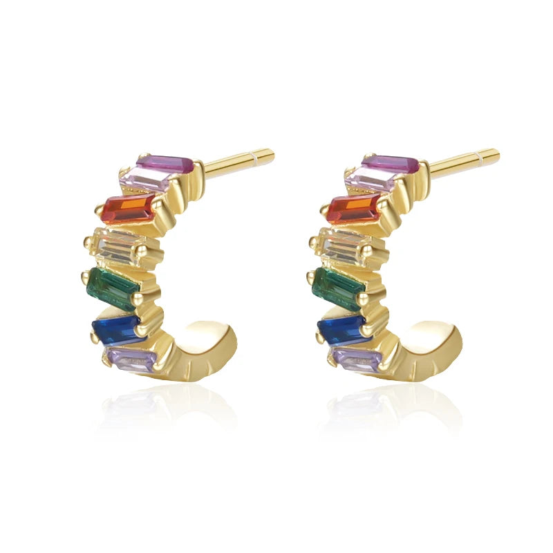 Minimalist Trending Jewelry 925 Silver 18k Gold Plated Colorful Zircon Tiny Rectangle C Shape Small Earrings Stud for Women