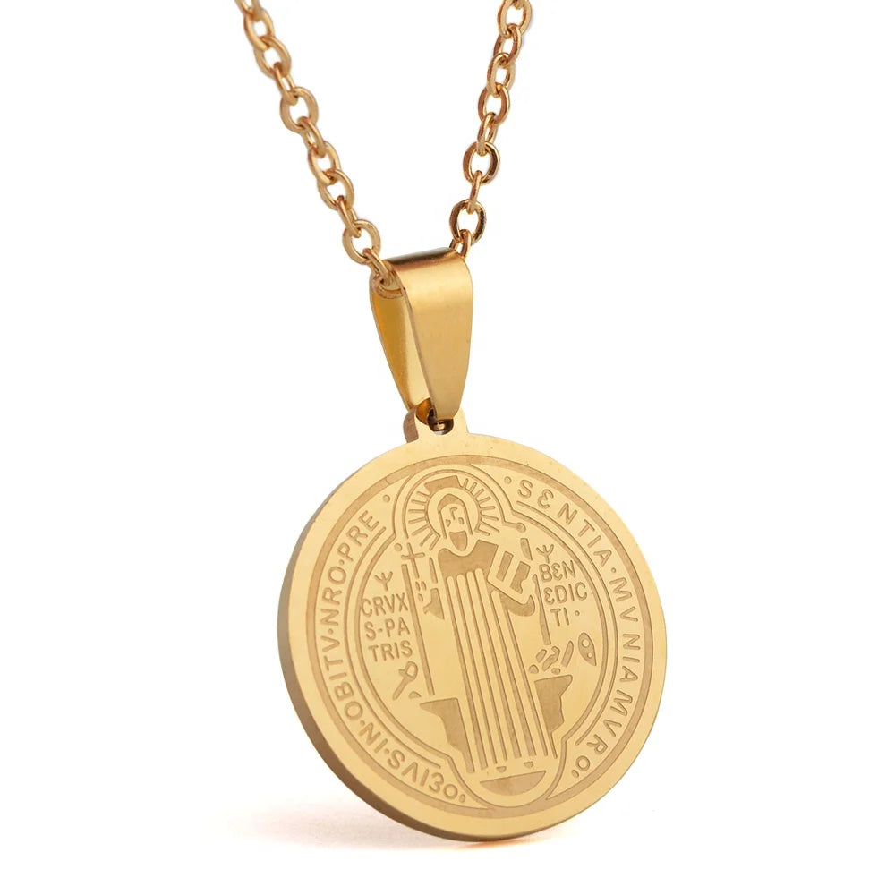 Stainless Steel 23mm Saint Benedict Catholic Medal Religious Men Women Silver Golden Pendant Necklace