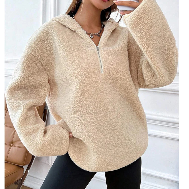 F230495 Custom Embroidery Logo Hoodies Sweatshirt With Half Zip Women Oversized Hooded Teddy Fleece Coat Jumper Jacket