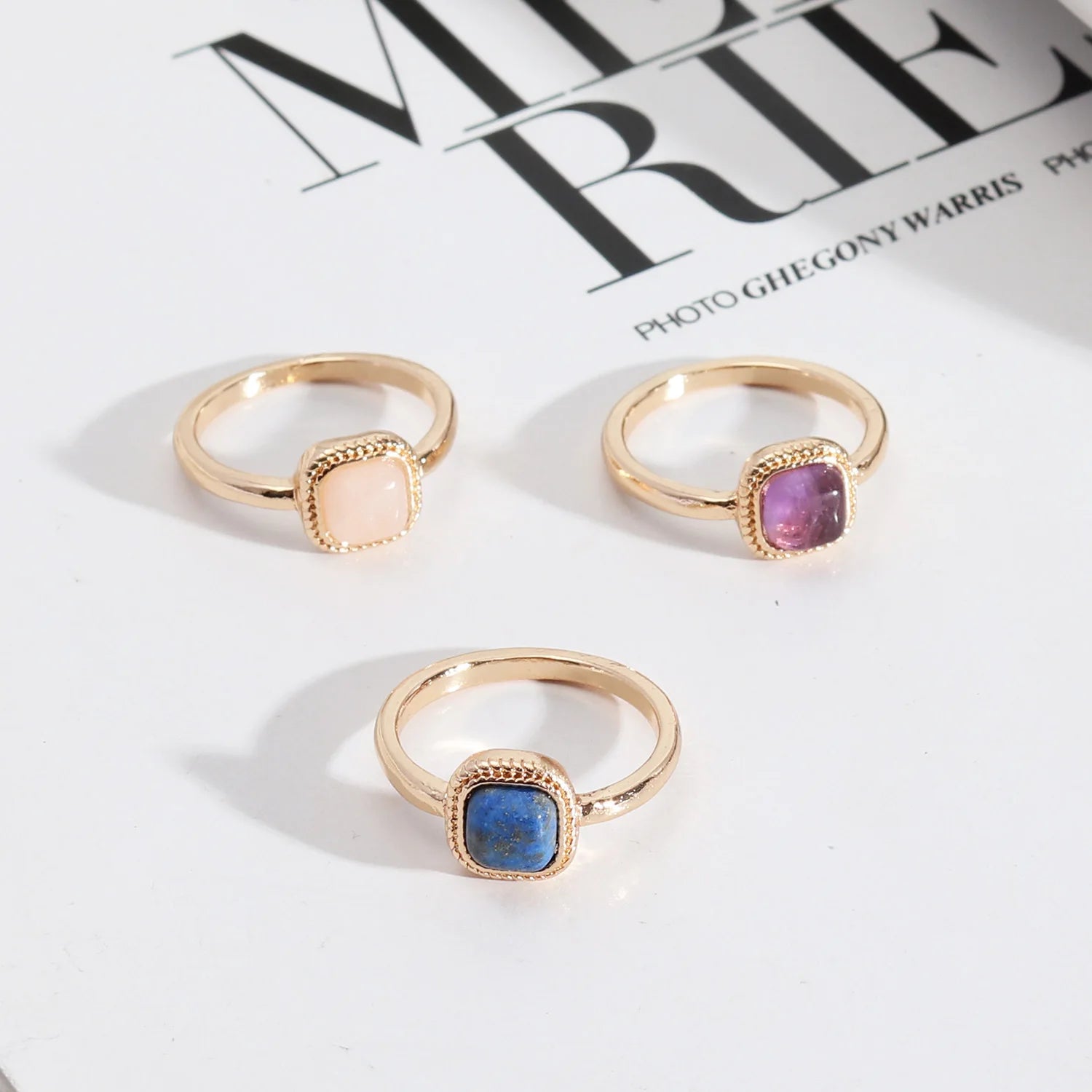 High Quality Geometric Triangle Square Natural Stone Crystal Jade Gemstone Ring for Women Girls