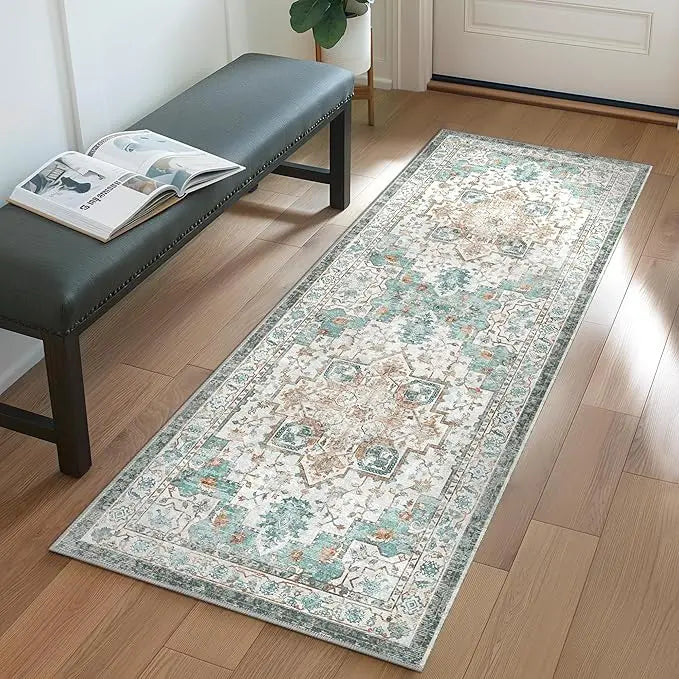 Cyan Color 2x6ft Runner Rugs Machine Washable Low Pile Wear Resistance Soft Print Vintage Retro Style Home Entryway Corridor
