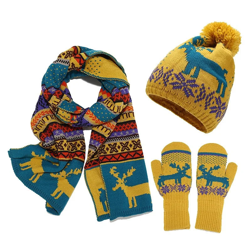 MIO Hot Sale Gift Set Winter Warm Christmas Elk Fur Winder Hat Scarf Gloves Set 3 Piece Knitted Beanie Women Men Unisex