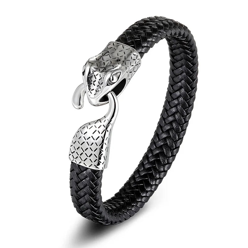 2023 Men's Snake Head Leather Bracelet New Trendy Fashion Charm Stainless Steel Personality Statement Accessory