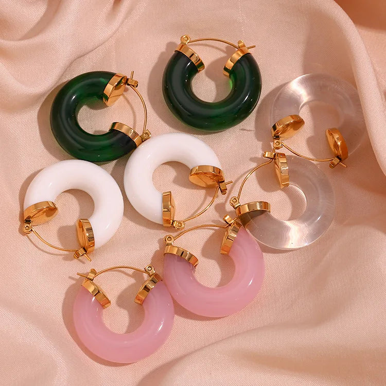 Dainty Jewelry 18K Gold Plated Stainless Steel Geometric Drop Hoop Earring Candy Color Acrylic Round Hoop Earrings YF3557