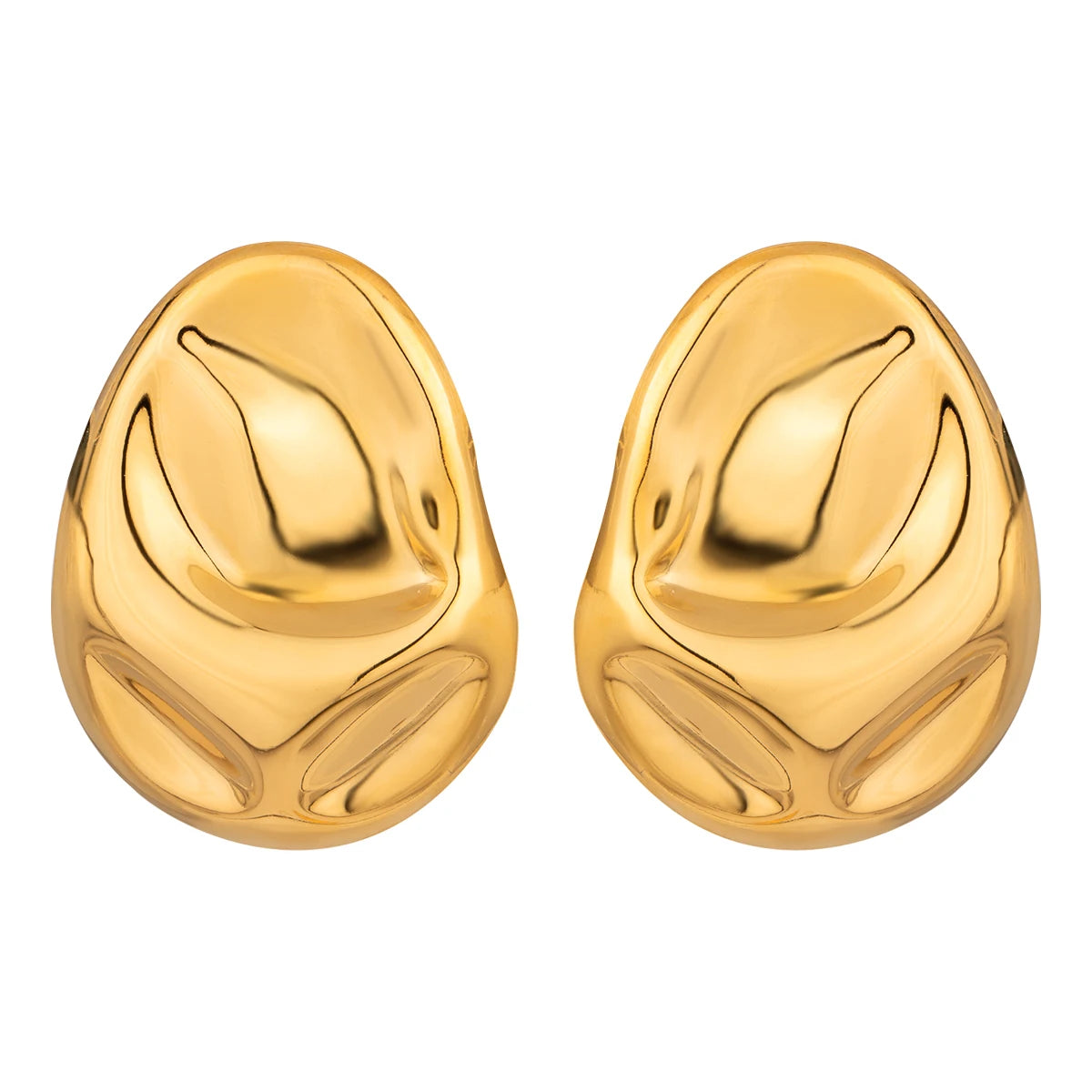 N&S 18K Gold Plated Stainless Steel Fashion Stud Earrings Large Irregular Oval Smooth Hammered Hoop Trendy Stylish for Party Gift