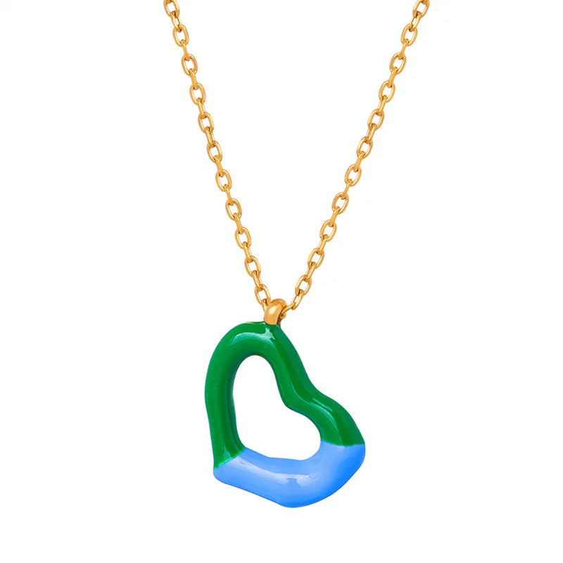Vintage Baroque Hollow Heart Enamel Pendant Necklace Titanium Steel 18K Gold Clavicle Chain Ornament Women Mother Gift