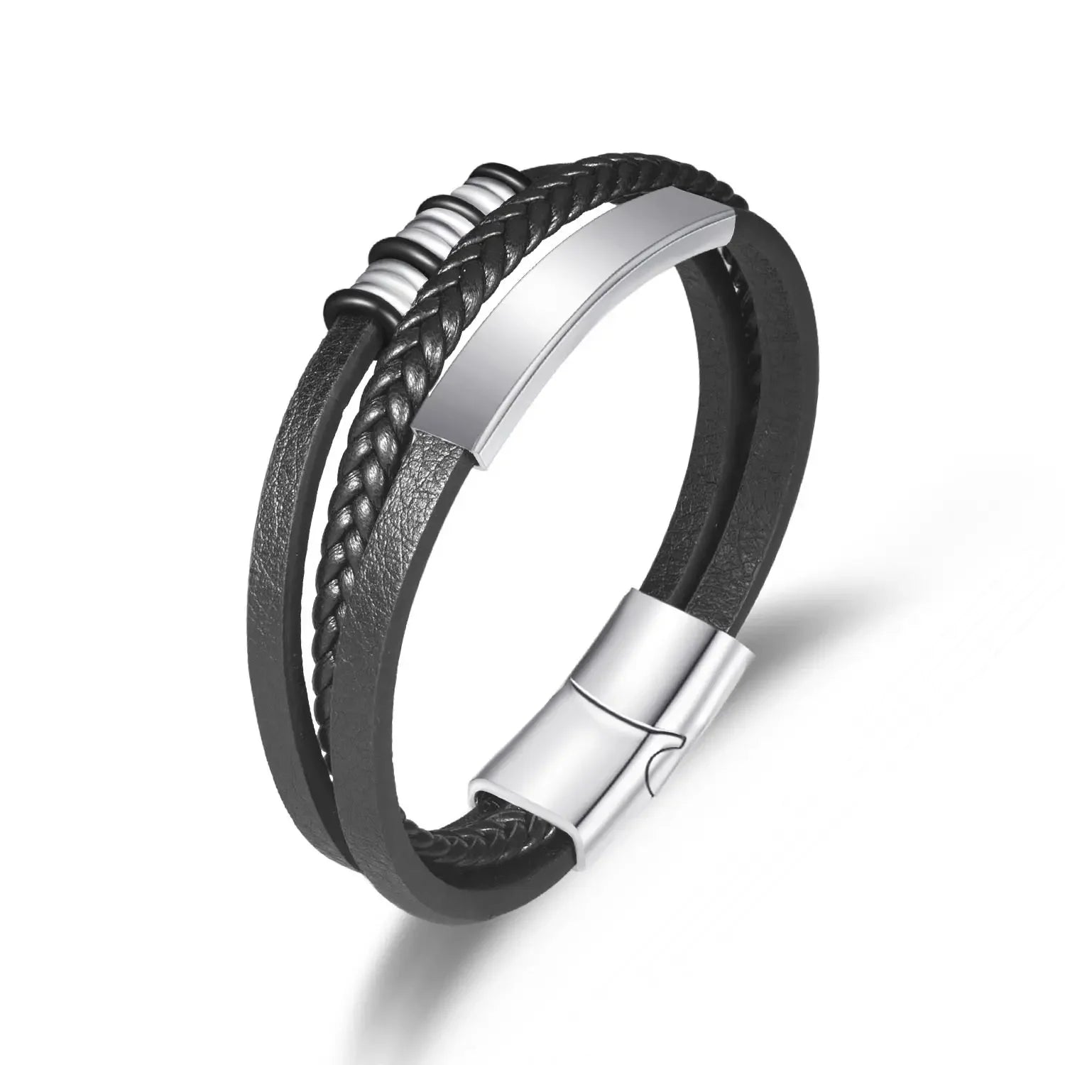 New Fashionable Men's Multi-layer Stainless Steel Accessories Bracelet PU Leather Rope Alloy Magnetic Buckle Bracelet