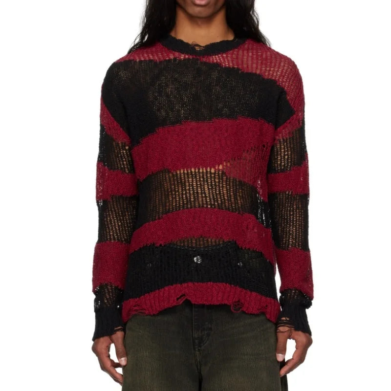 High Street Style Distressed Open Knit Sweater Breathable Semi Sheer Cotton Blend Pullover Red Black Stripes Fashion Custom