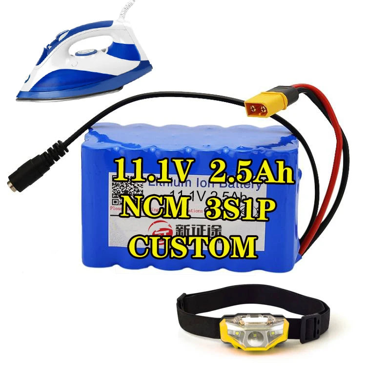 Wholesale Batteries NCM 18650 Cell Rechargeable Customized Electric Iron 11.1V 2.5Ah 3S1P Lithium Ion Headlight Battery Pack