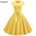 Yellow Solid Color Summer Dress Vintage Women Swing Rockabilly Dresses Robe Femme Elegant Casual Party Midi Vestidos
