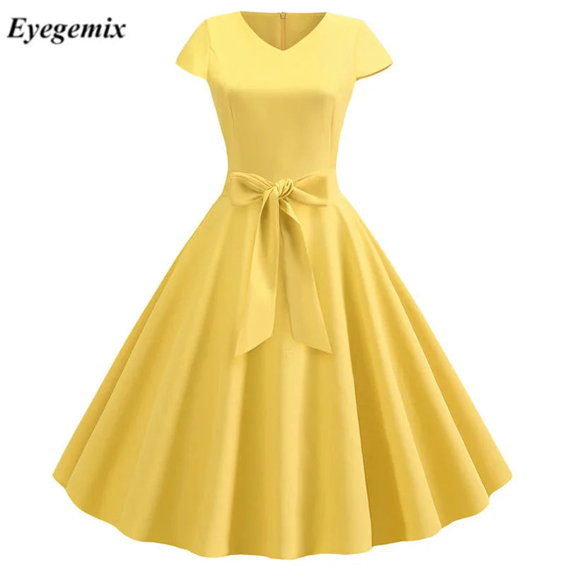 Yellow Solid Color Summer Dress Vintage Women Swing Rockabilly Dresses Robe Femme Elegant Casual Party Midi Vestidos