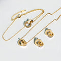 Diamond Non-tarnish Waterproof Stainless Steel Gold Roman Numerals Double Ring Charm Necklace Earrings Bracelet Jewelry Set