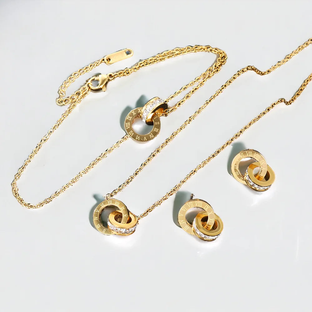 Diamond Non-tarnish Waterproof Stainless Steel Gold Roman Numerals Double Ring Charm Necklace Earrings Bracelet Jewelry Set