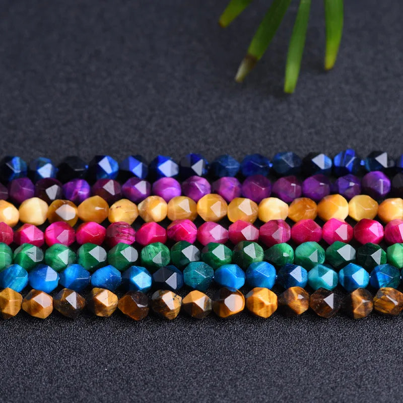 High Quality Natural Faceted Diamond Cutting Healing Energy Colorful Tiger Eye Gemstones Loose Beads