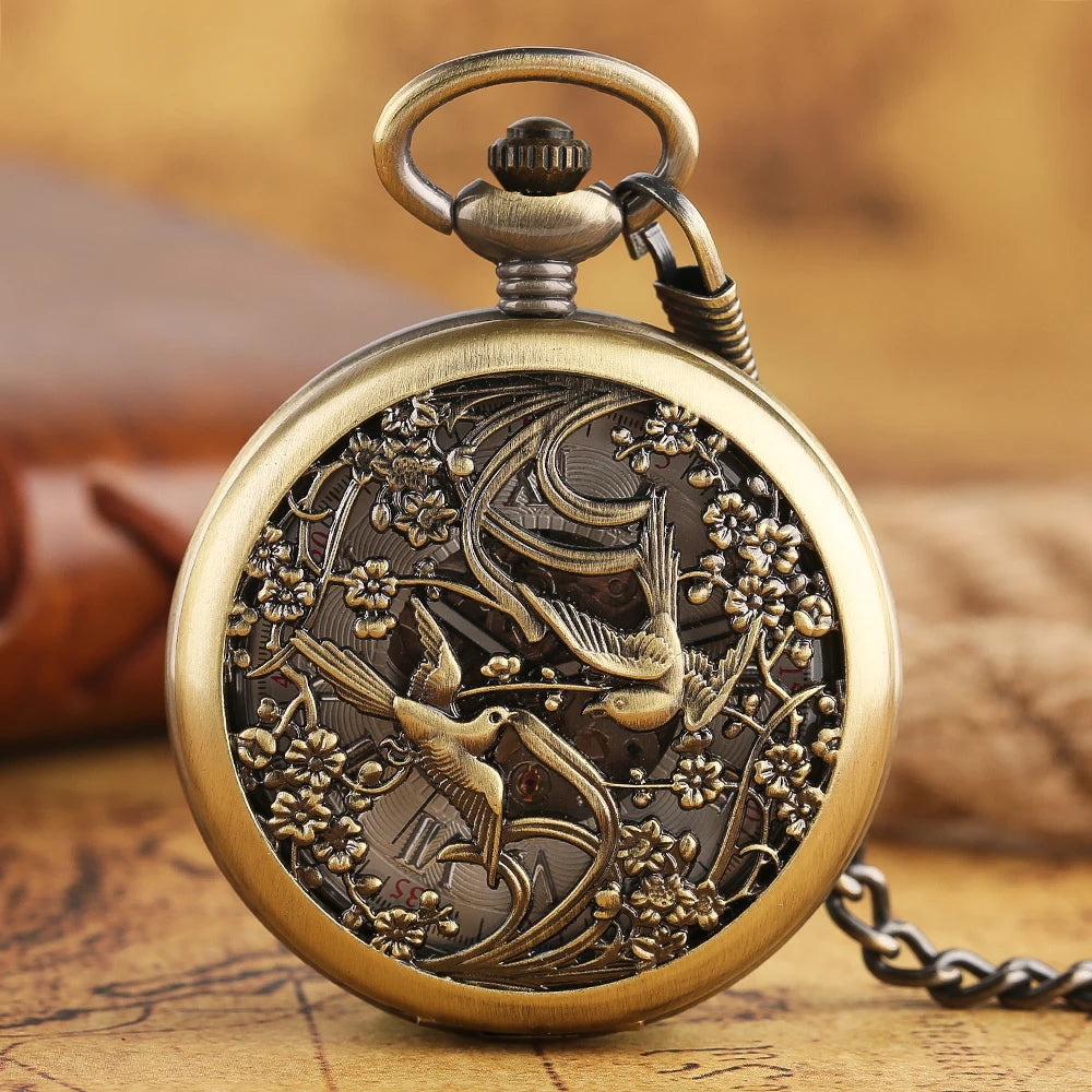 Magpies Birds Vintage Automatic Mechanical Pocket Watch With Chain - Bronze Hollow Steampunk Pendant for Men Antique Gift