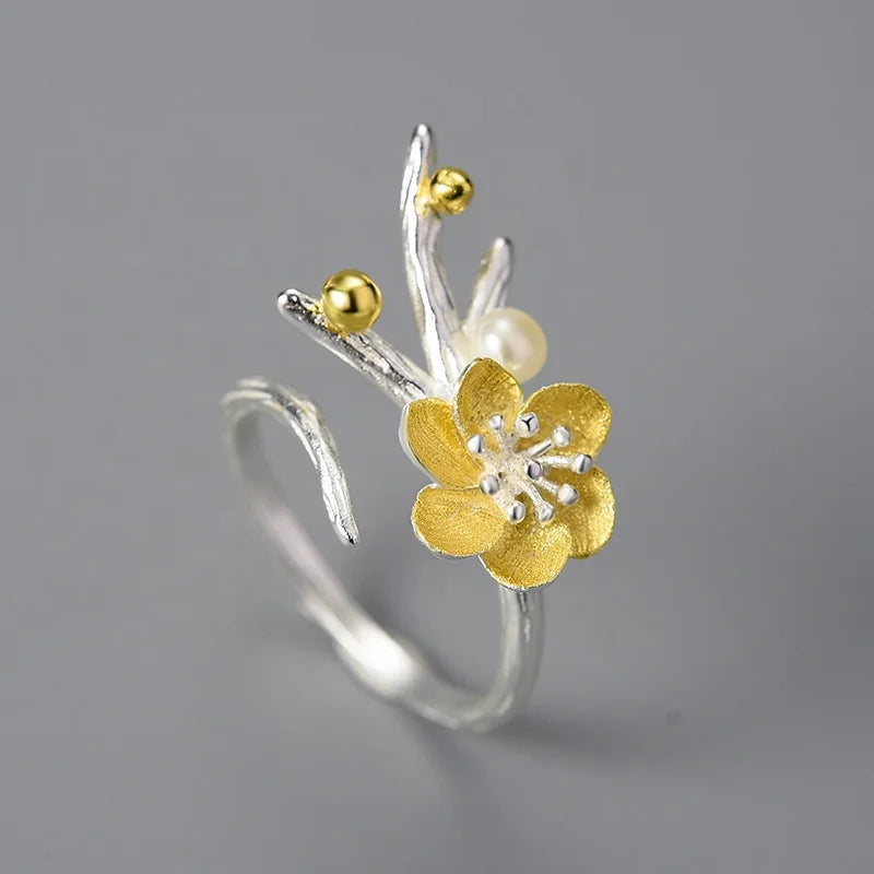 Wholesale Price 925 Sterling Silver Natural Pearl Adjustable Rings Plum and Snowflake Original Design Fine Jewelry for Women