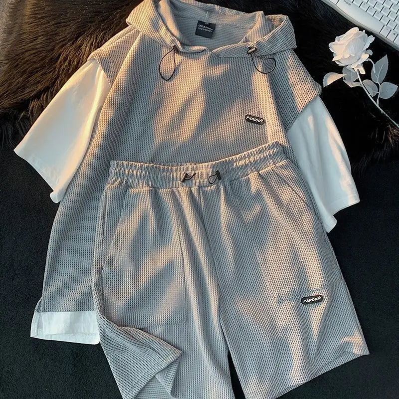 Summer Men's Large Size Sports Suit Breathable Casual Wear Wild High Street Chic Fake Two-piece Casual T-shirt + Simple Shorts