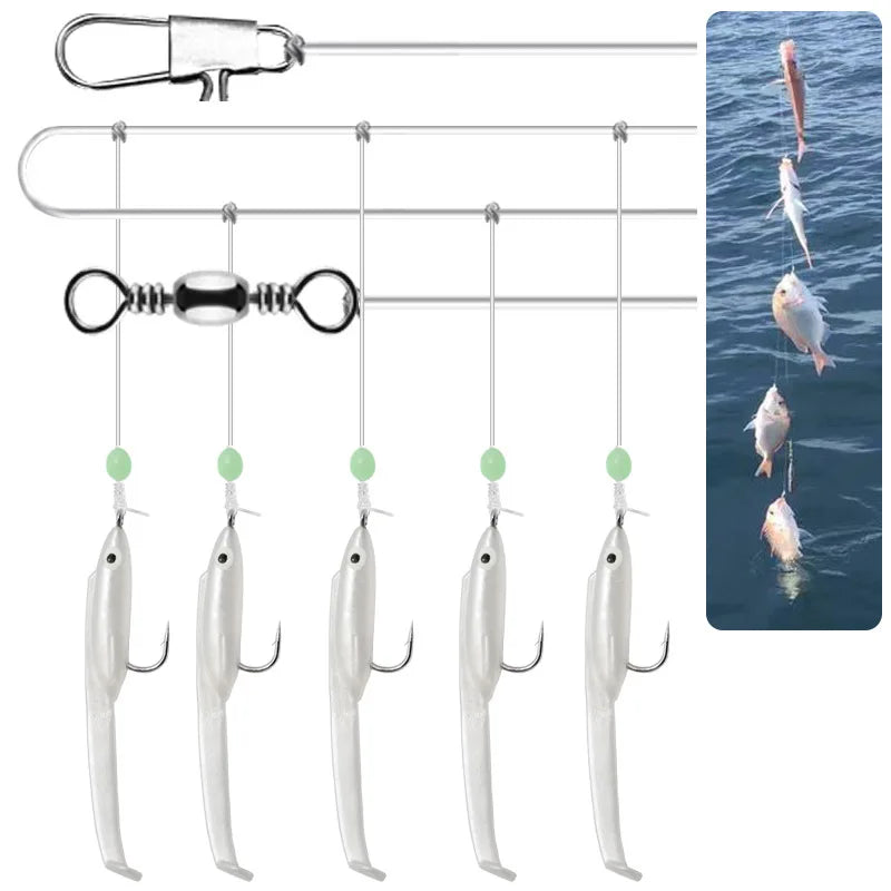 5Pcs/Lot  1# Soft Lure Baits Eel Sabiki Lure Set with White Small Fishes Shrimp String Sabiki Rigs for Saltwater Fishing Tackle