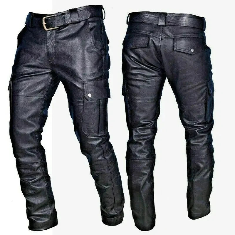 Cross-border New Products Hot Europe and the United States Solid Color PU Strap Casual Men's High Waist Leather Pants