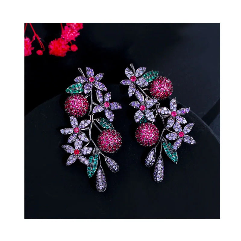 S925 Silver Needle Magazine Style Luxury Hyperbolic Party Earrings 3D Fruit Flowers Micro Paved Zirconia Earrings