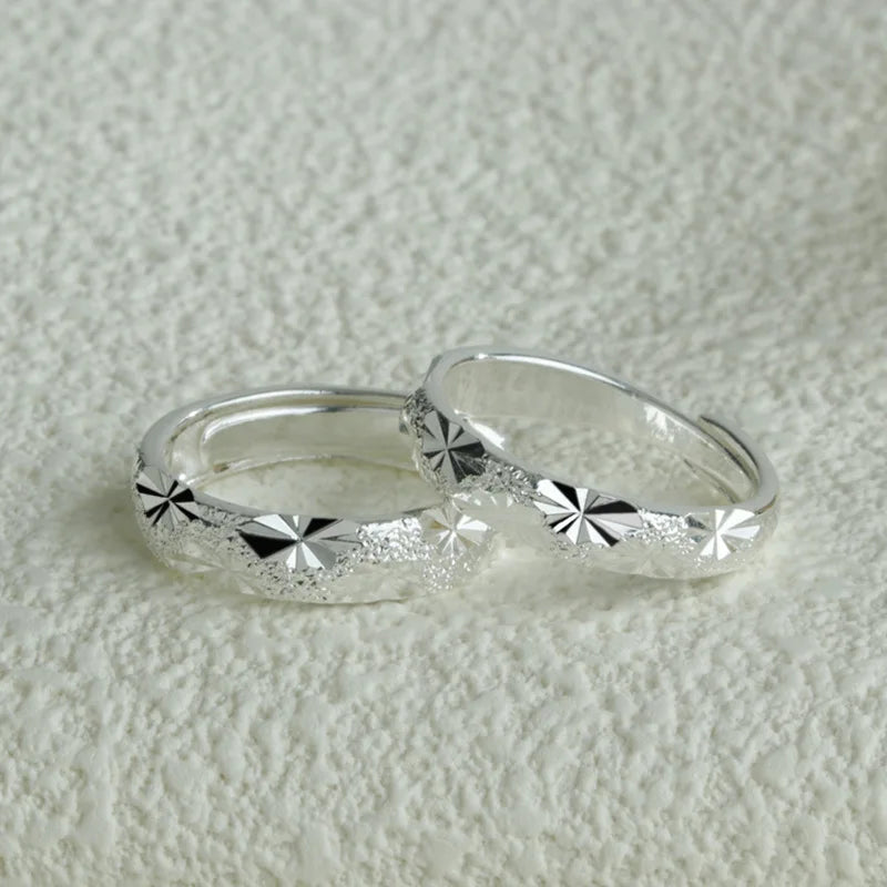 Fashion Silver Plated Zircon Flower Shape Couple Rings for Men Women Adjustable Open Wedding Lover Couple Jewelry Free Size