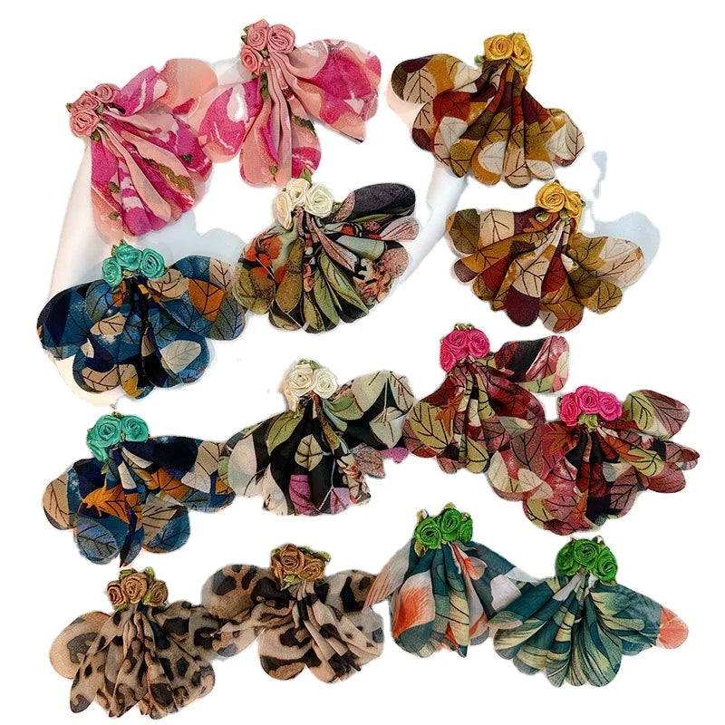 Wholesale Vintage Handmade Fabric Earring Jewelry Personality Bohemian Leopard-print Floral Tassel Earring for Women