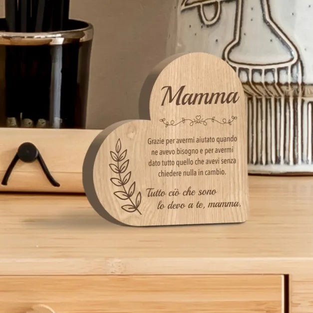 Engraved Heart Shape French Italian Spanish Wood Plaque Family Quote Love Ornament Table Decoration