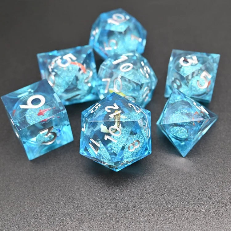 Transparent Vivid Sea 7 Piece Fish Role Playing Blue Resin Popular Sharp Edge Dice Set for DND RPG Game