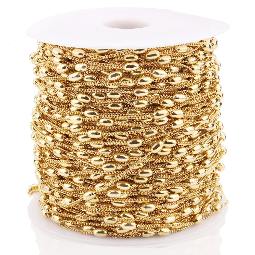 Factory Wholesale 0.4mm Line Diameter Hollow Beads Link Chain Roll Stainless Steel Silver Gold Chains by Meter for Jewelry