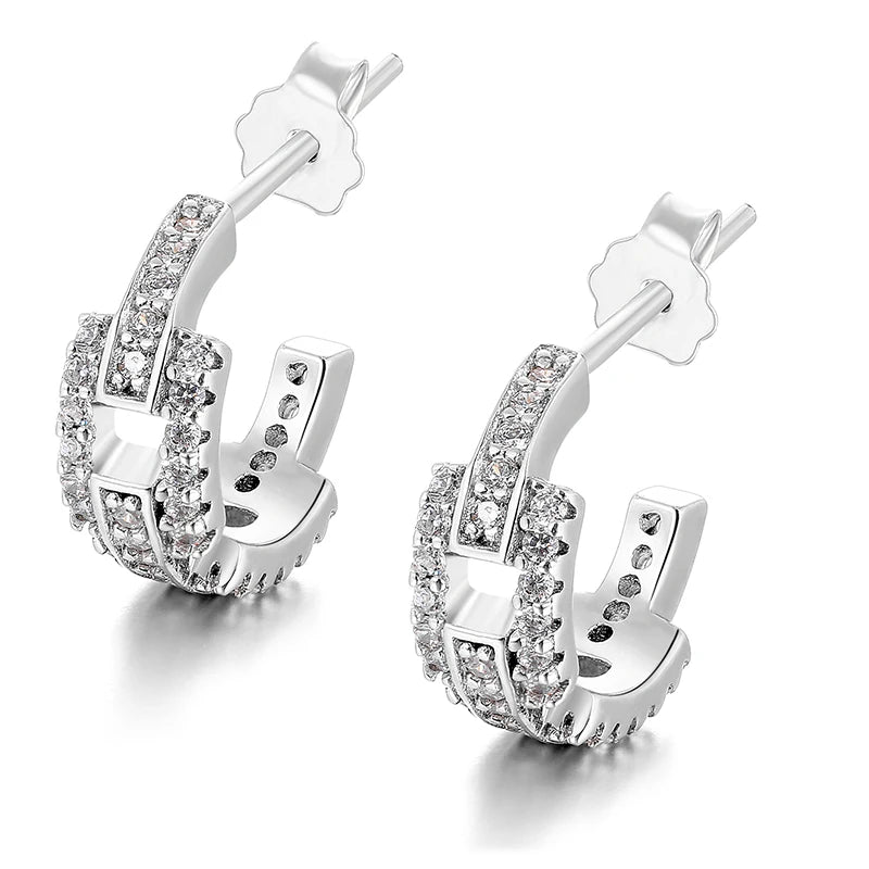 Fashion White Gold Plated Brass CZ Diamond Stud Earrings Bling Iced Out Silver Earrings Women Charms Hip Hop Jewelry